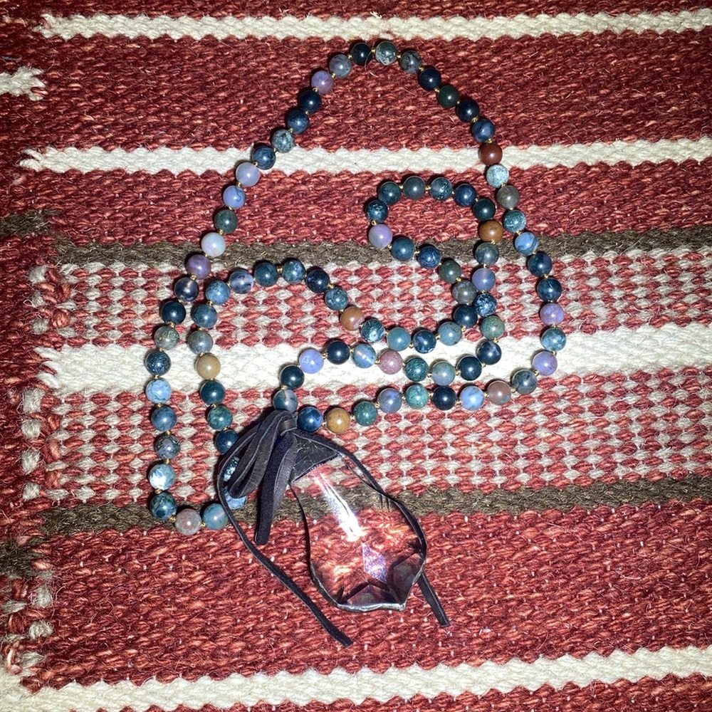 20” Long beaded (jade and agate) with crystal pendant